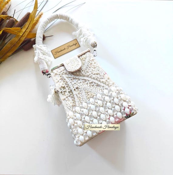 White Beaded Bag | Pink Floral Bridal Wedding Crystal Box Purse