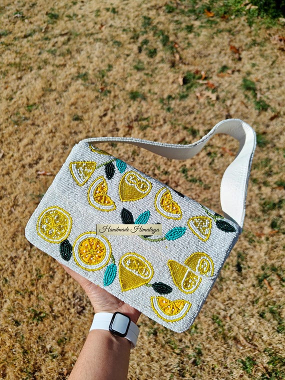 Beaded Lemon Shoulder Bag | White Citrus Fruit Purse | Tropical