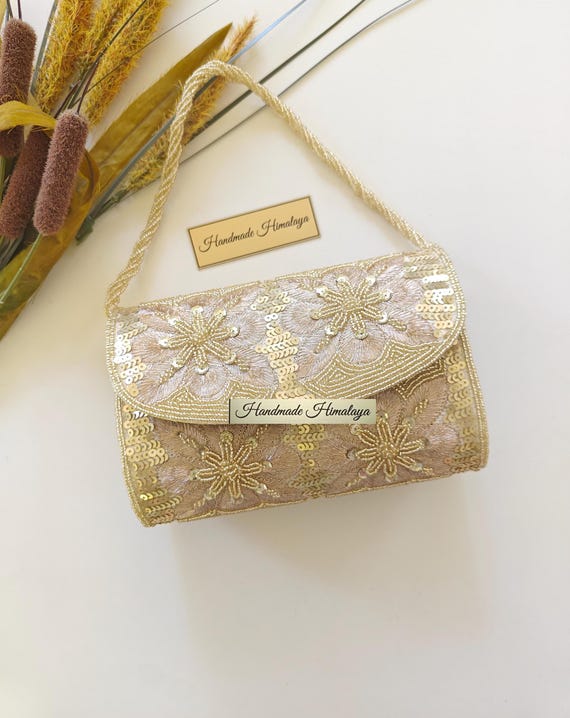 Gold Bridal Clutch, Champagne Floral Wedding Purse Evening Bag