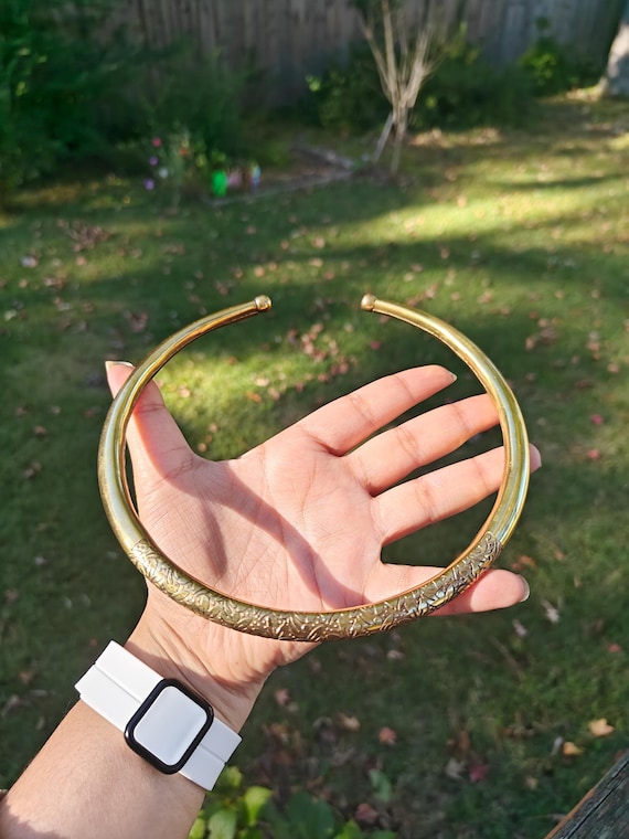 Gold Brass Choker Necklace: Engraved Floral African Collar Hasli Necklace