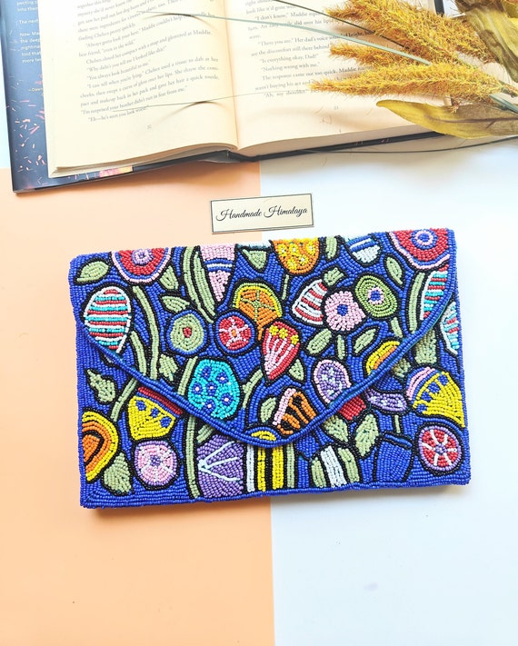 Fruit Purse, Blue Beaded Clutch, Envelope Crossbody Bag, Party Purse, Seed Bead Clutch Bag, Prom Purse, Beaded Bag