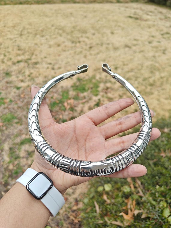 Silver Brass Choker Collar Open Torque Necklace Neck Ring Carved Engraved Hasli Jewelry Nomadic Tribal