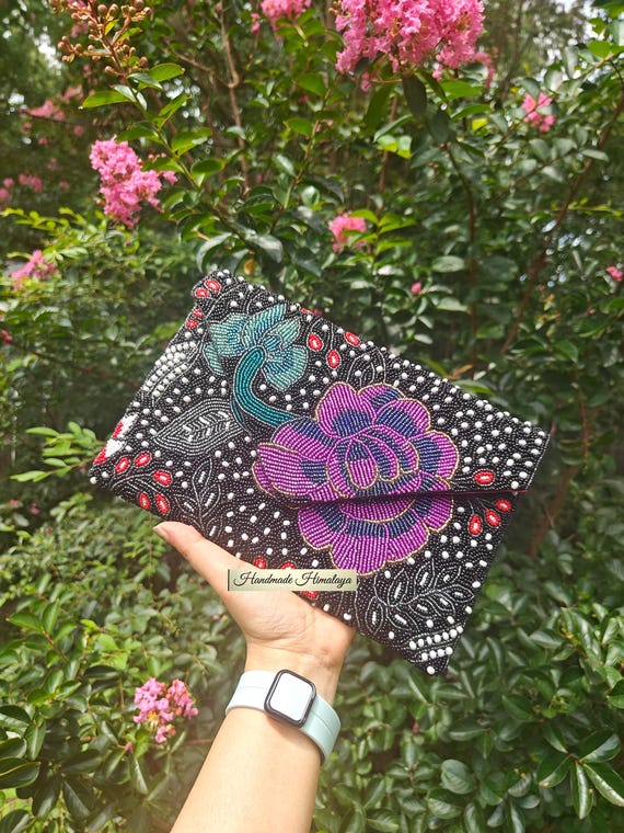 Black Purple Floral Beaded Clutch | Wedding Guest Evening Purse Boho Statement Bag