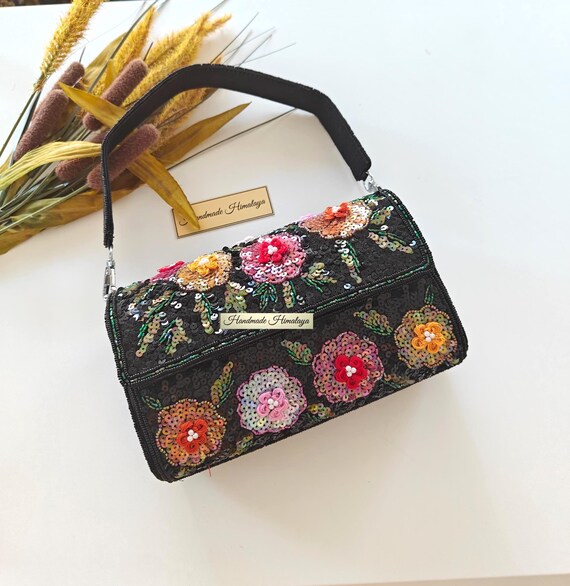 Black Floral Sequin Beaded Bag | Boho Embroidered Evening Purse | Colorful Flower Wedding Party Clutch