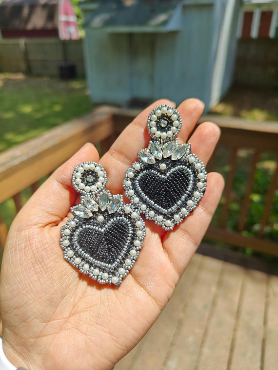 Black Beaded Earrings, Sacred Heart Earrings, Mexican Earrings, Gothic Bridal Earrings, Evening Party Earrings, Black Seed Bead Earrings