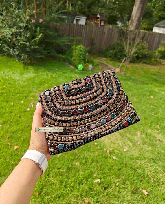 Black Bag, Beaded Wedding Bridal Purse, Beaded Purse, Crossbody Bag, Glass Beads Clutch, Party Bag, Evening Purse, Black Mini Wristlet Purse