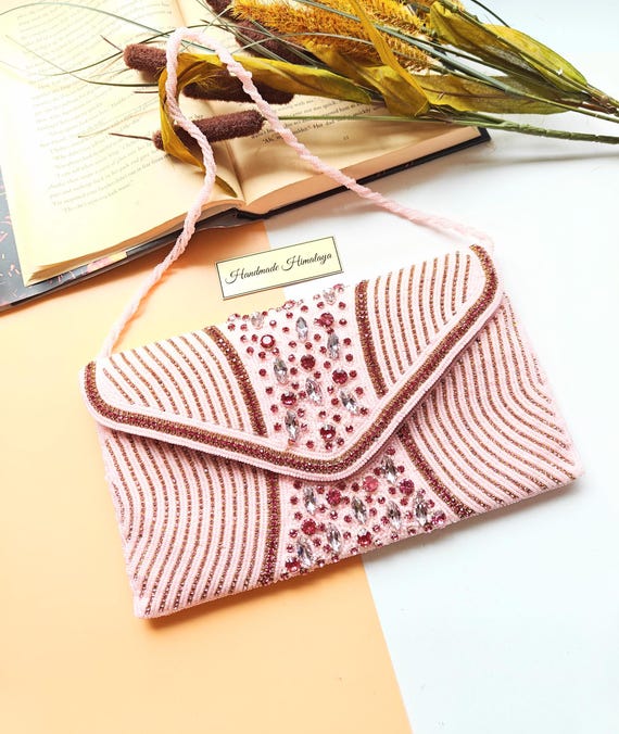Pink Clutch, Beaded Purse with Crystal Embellishments, Party Evening Bag, Crossbody Sling for Spring or Summer, Perfect Gift For Her