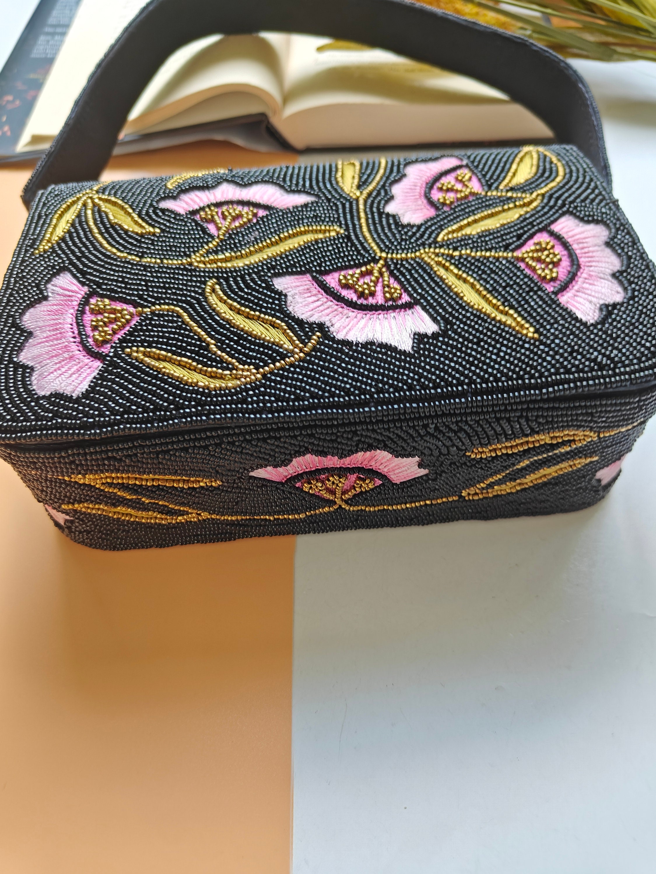Black Floral Beaded Bag Black Floral Handbag Seed Beaded Shoulder Bag Gift for Her Party Evening Bag Flower Beaded Purse Clutch