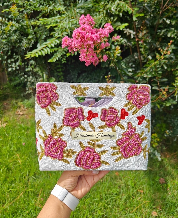 Pink Rose Beaded Bag | Vintage Rosework Crossbody with Gold Chain | Blush Floral Evening Purse