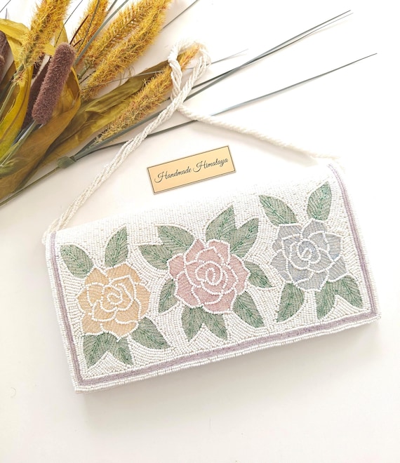 White Floral Beaded Bag | Pink and Gold Rose Bridal Wedding Handbag | Ivory Evening Purse