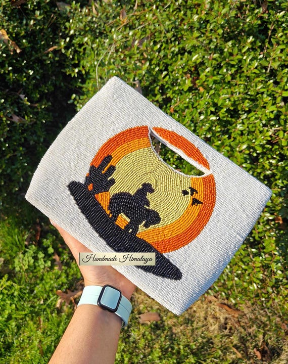 Cowboy Beaded Handbag | Orange Sunset Horseback Rider Clutch | Nashville Rodeo Crossbody Bag