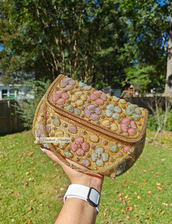 Gold Pastel Floral Beaded Clutch, Flower Beaded Purse, Party Evening Bag