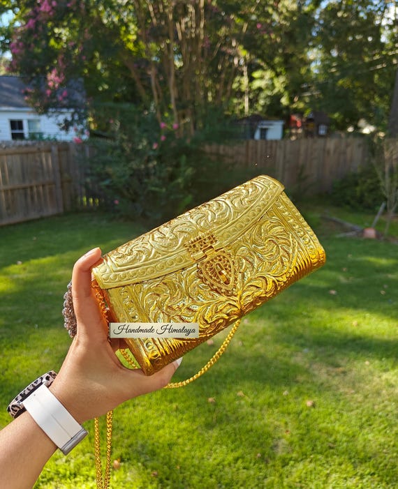 Gold Brass Clutch: Antique Style Wedding Indian Metal Handbag with Floral Engraving Crossbody