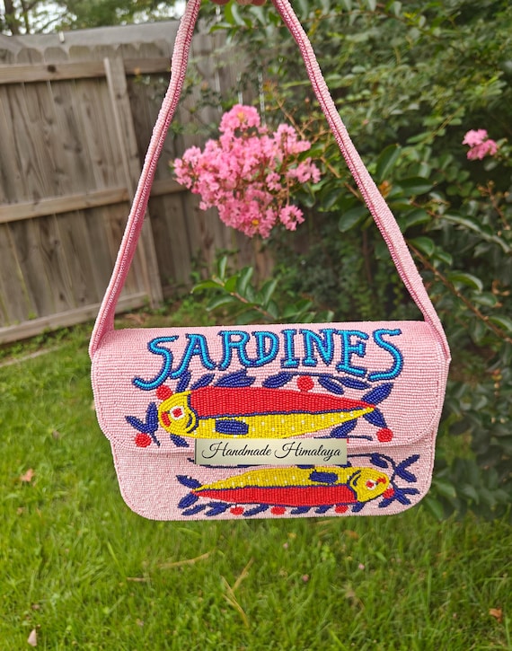 Sardines Beaded Bag, Small Shoulder Bag, Beaded Purse, Pink Beaded Clutch, Summer Beach Bag, Tropical Fish Handbag, Gift for Her