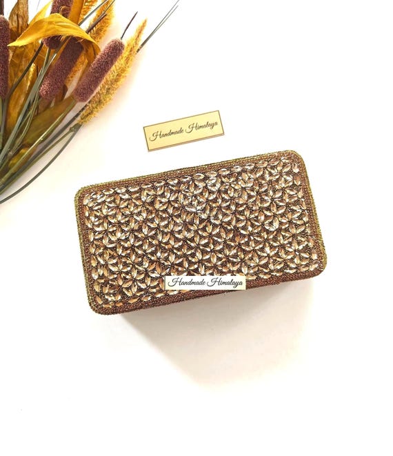 Antique Gold Clutch | Bronze Crystal Bridal Wedding Box Purse
