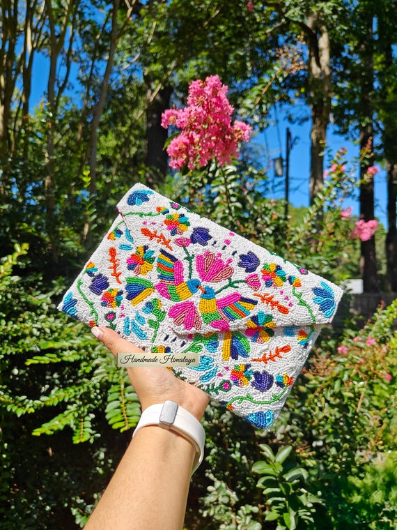 Otomi Bird Beaded Purse, Beaded Clutch Purse, White Beaded Envelope Bag, Statement Beaded Handbag, Beaded Bag, Party Purse