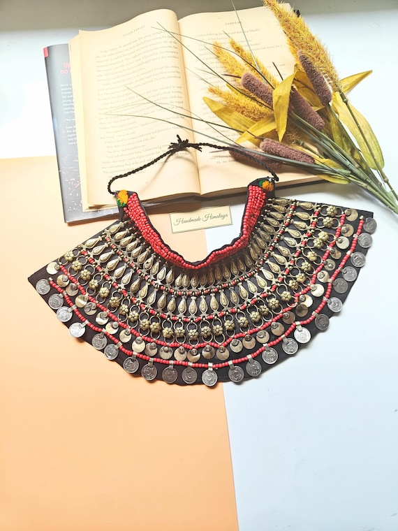 Vintage Afghan Kuchi Coin Choker: Tribal Red Beaded Necklace