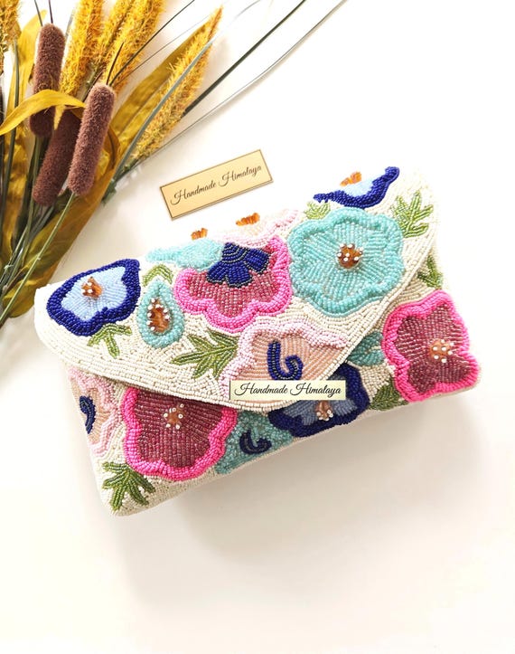 Floral Beaded Clutch Purse | Multicolor Embroidered Evening Bag