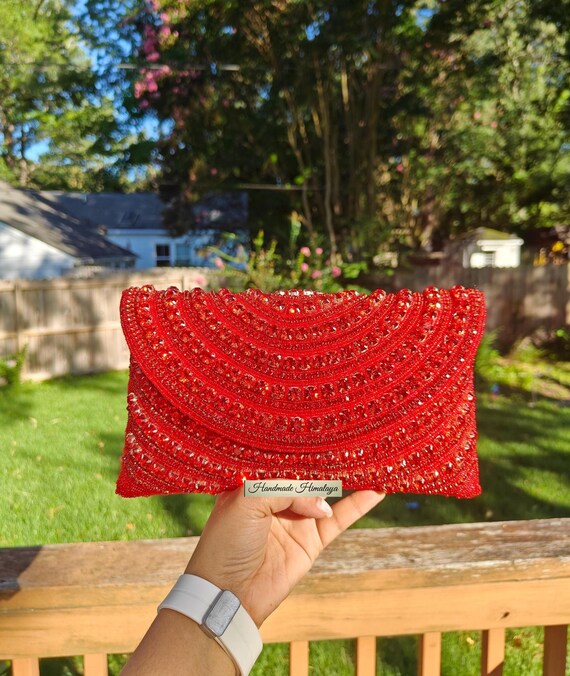 Red Beaded Clutch: Rhinestone Evening Purse with Crossbody Chain for Weddings and Parties