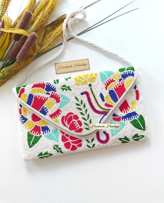 Colorful Floral Beaded Clutch Purse Handmade Crossbody Wedding Bride Bag Boho Bridal Evening Handbag