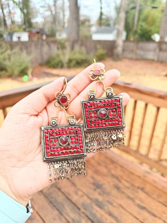 Vintage Afghan Earrings Long Oversized Silver Metal Tribal Kuchi Bell Dangle Red Jewelry Stones