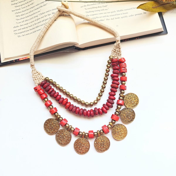 Tibetan Red Necklace, Tibetan Jewelry, Coin Necklace, Red Beaded Nceklace, Boho Jewelry, Nepali Necklace, Ethnic Tribal, Summer Jewelry