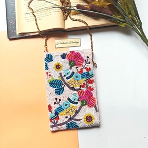 Bolso para teléfono con cuentas, monedero con cuentas, clutch con pájaros, bandolera, monedero para móvil, clutch con cuentas, bolso de verano, regalo para ella, bolso rosa con cuentas de colores