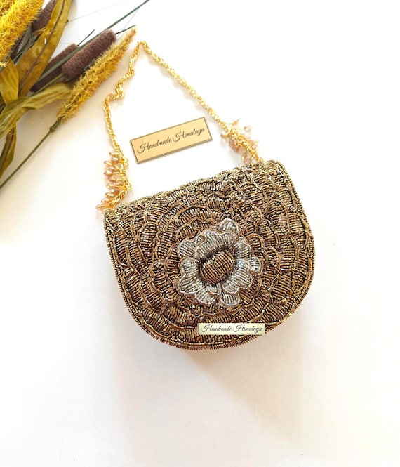 Antique Gold Mini Clutch | Silver Floral Beaded Evening Purse for Wedding Guest