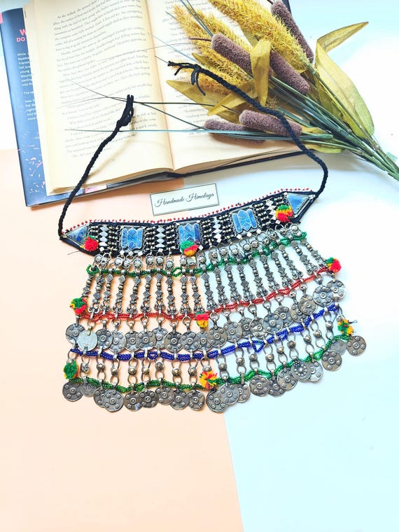 Vintage Afghan Lapis Necklace Pom Pom Ethnic Gypsy Jewelry