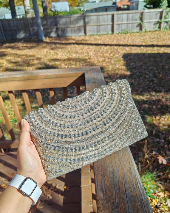 Silver Purse with Embellished Diamond Pattern and Crossbody Strap Wedding Party Clutch