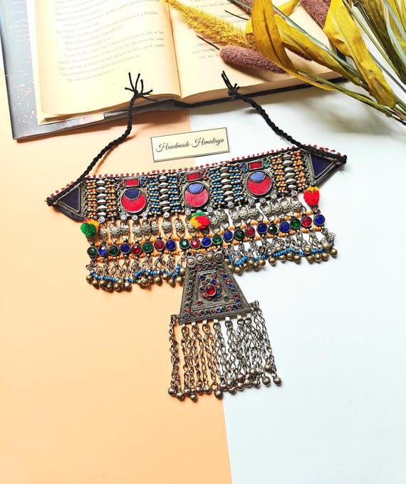 Vintage Afghan Choker, Kuchi Pendant Necklace, Bellydancer Jewelry, Gypsy Collar, Festival Jewelry, Colorful Afghani Necklace, Gift for Her