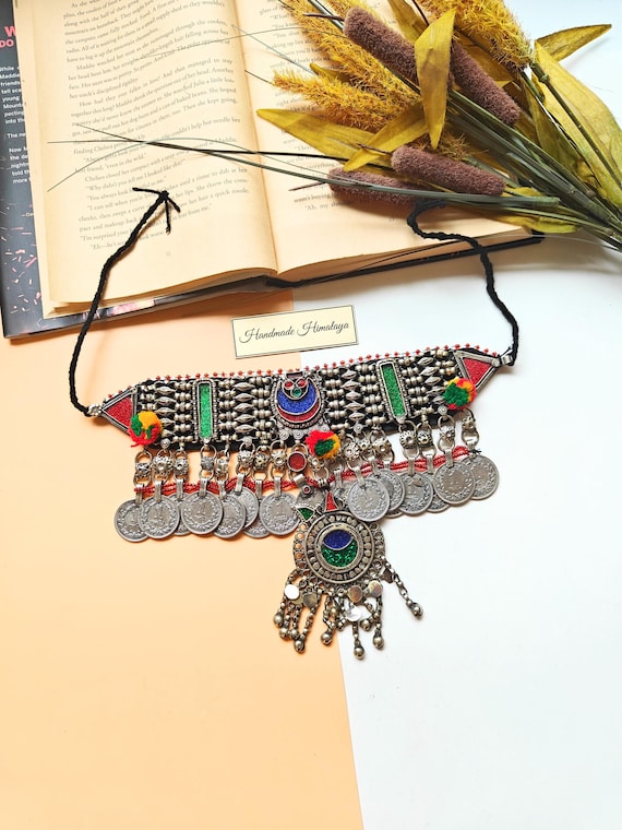 Vintage Afghan Necklace, Ethnic Gypsy Tribal Kuchi Silver Coins Choker Belly Dancer Jewelry