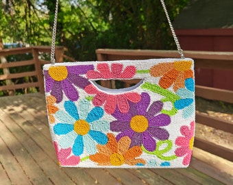 Floral Beaded Clutch Purse, White Seed Beaded Bag, Crossbody Handbag, Shoulder Tote Bag, Gift for Her, Colorful Beaded Bag, Party Purse Bag