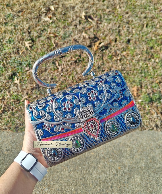 Blue Silver Metal Clutch Purse, Hand Engraved Enamel Handbag, Vintage Indian Statement Bag, Bridal Wedding Evening Box Clutch