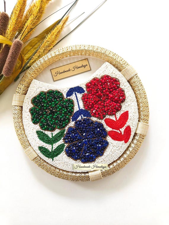 Floral Beaded Clutch Bag, White Handmade Evening Purse, Colorful Flower Embroidery Wedding Guest Bag