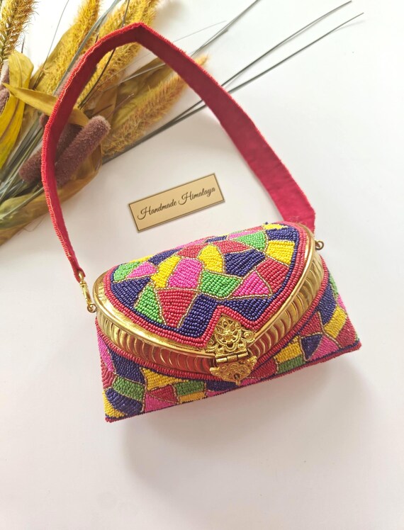 Colorful Beaded Brass Purse | Vibrant Metal Box Bag | Festive Party Wedding Handbag