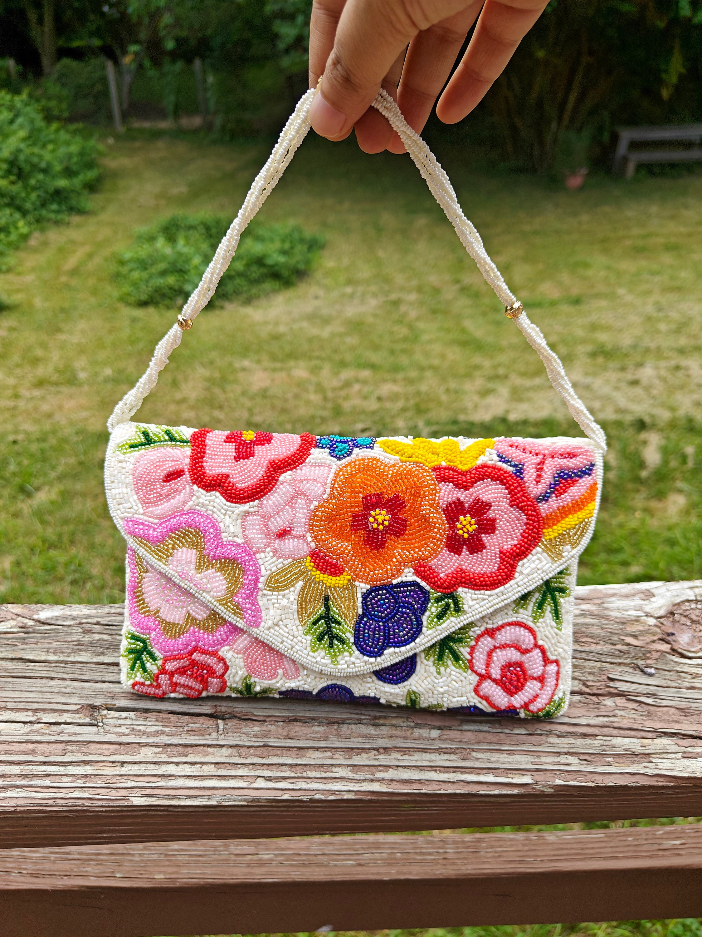 White Beaded Clutch 3D Floral Beaded Bag Crossbody Handbag SeedBeaded Shoulder Purse Party Evening Clutch Bag Gift For Her Flower Bag
