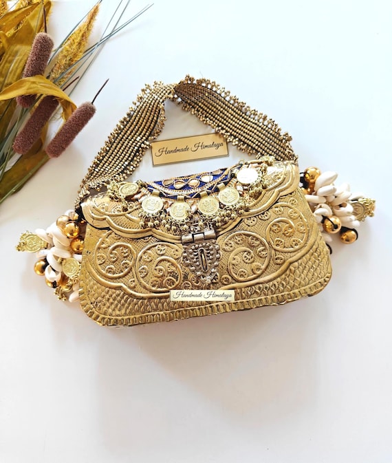 Vintage Gold Brass Clutch: Floral Engraved Banjara Wedding Metal Purse