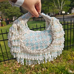 Wedding Clutch, Bridal Potli, Beaded Clutch, Blue White Purse, Crystal Clutch, Evening Clutch, Bridesmaid Gift, Beaded Purse, Bride Wristlet