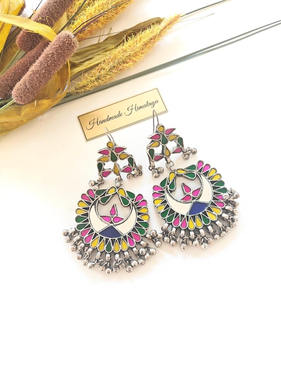 Afghan Kuchi Mirror Earrings | Oversized Tribal Enamel Dangles | Colorful Silver Boho Ghungroo Bell Jewelry