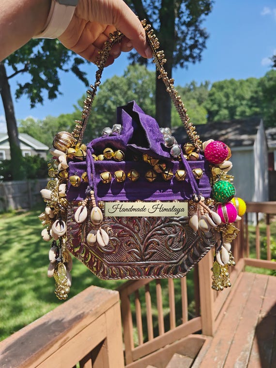 Silver Brass Potli Bag, Tribal Embroidered Purse with Shell Coin Bell, Ethnic Floral Engraved Design, Gift for Her, Wedding Festive Bag
