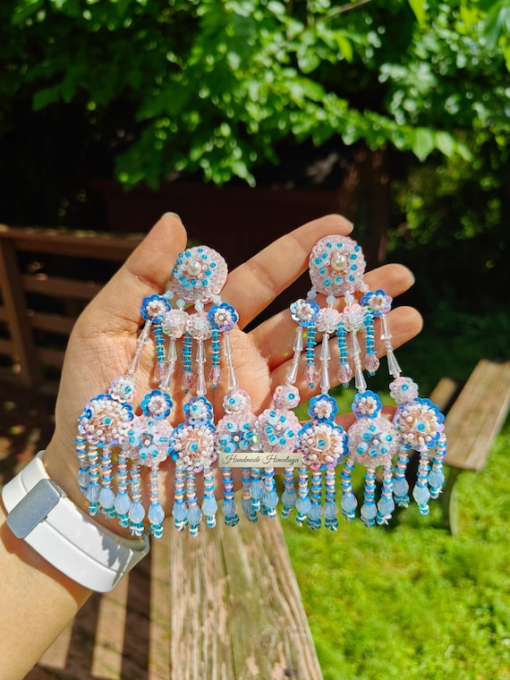 Pastel Blue Pink Beaded Earrings, Seed Bead Statement Dangles, Boho Bridal Party Jewelry Chandelier