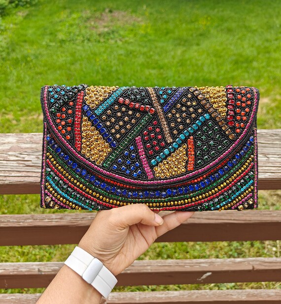 Black Beaded Clutch, Crystal Embellished Party Purse, Crossbody Evening Bag, Formal Gift for Her