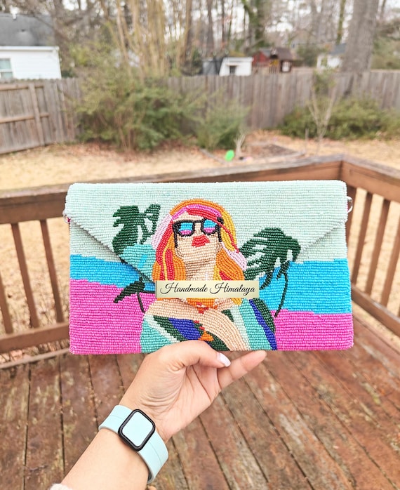 Tropical Beaded Crossbody Bag | Woman with Sunglasses Portrait Clutch | Tropical Pink and Turquoise Summer Beach Purse