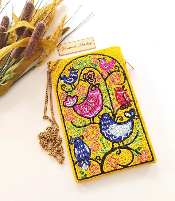 Yellow Bird Beaded Phone Bag | Folk Art Embroidered Mobile Clutch | Unique Boho Bird Crossbody Smartphone Pouch