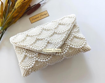 Ivory Pearl Bridal Purse: Scalloped Beaded Wedding Clutch