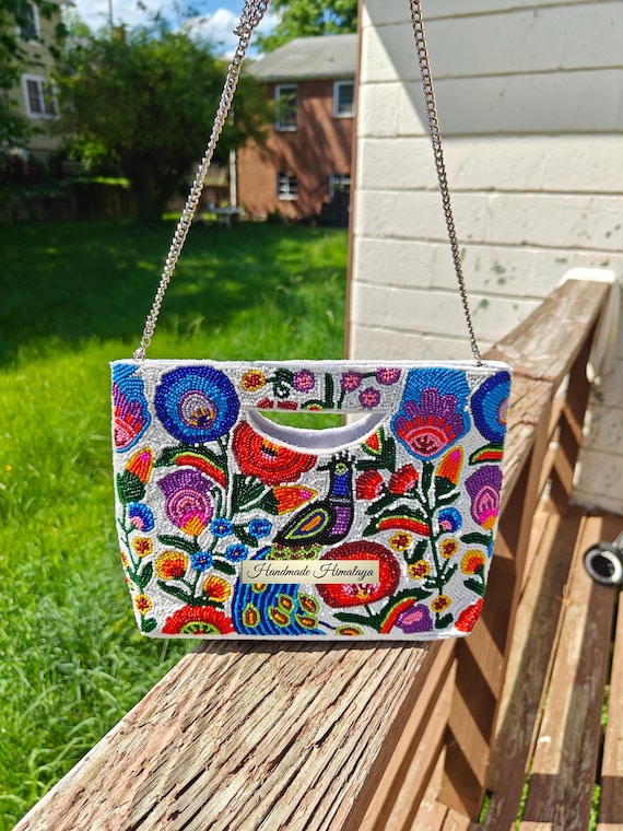 Handmade Bird Beaded Clutch | Floral Peacock Crossbody Purse | Multicolor Folk Art Festival Wedding Bag