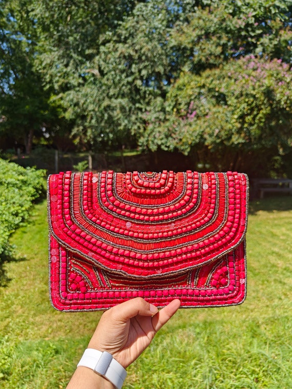 Red Beaded Purse, Crossbody Bag, Summer Purse, Party Evening Clutch, Red Wedding Purse, Prom Clutch, Bead Clutch, Gift for Her, Red Handbag