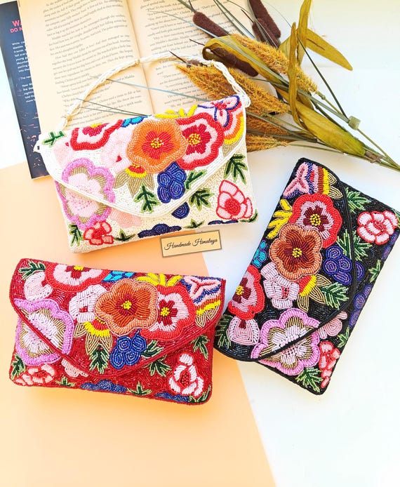 Beaded Clutch Purse | Floral Envelope Bag | Elegant Beaded Evening Purse for Weddings & Parties | Gift for Her | Crossbody SeedBead Handbags