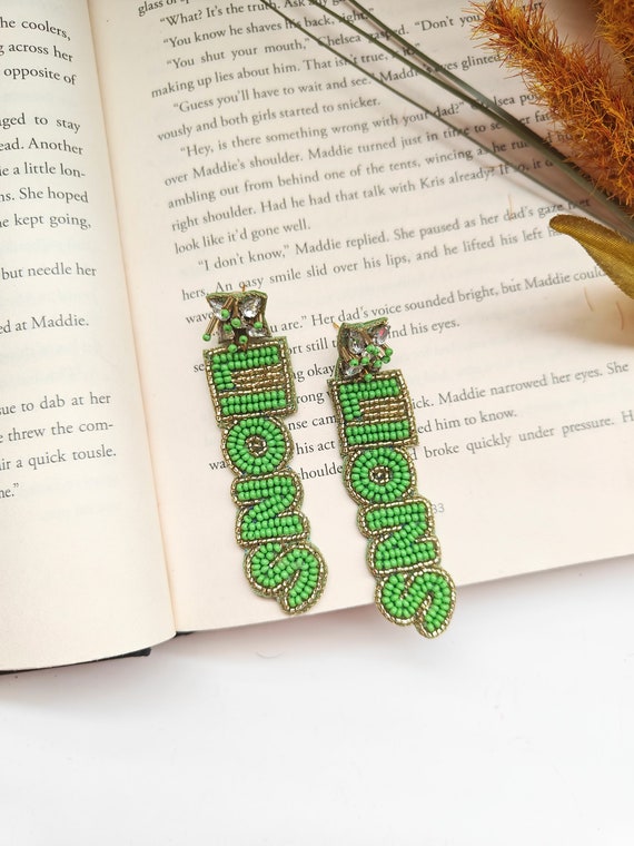 Lions Beaded Earrings, Green Beaded Earrings, Gold Green Lions, Dangle Earrings, Beaded Earrings, Seed Bead Earrings